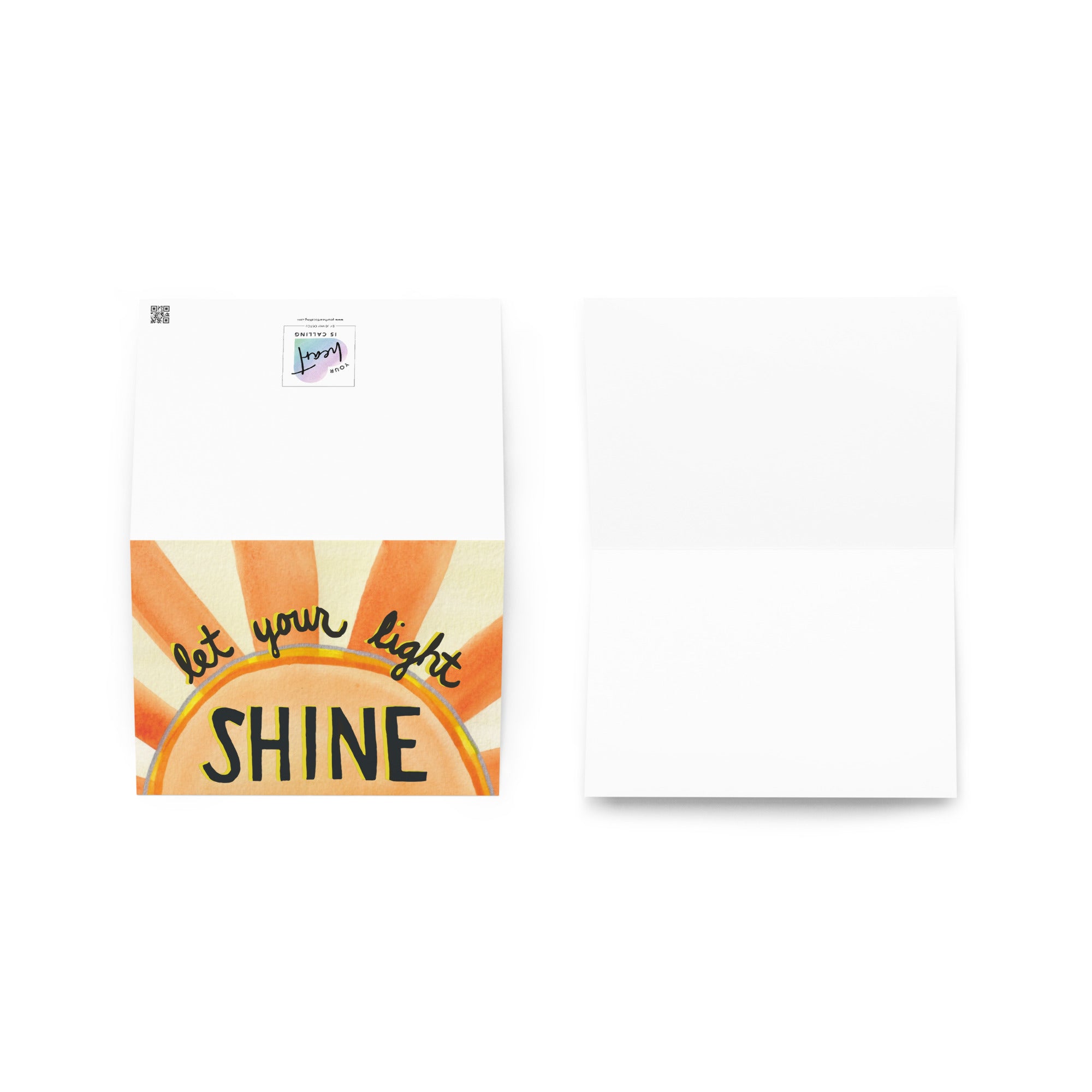 front and inside of let your light shine hand lettered greeting card