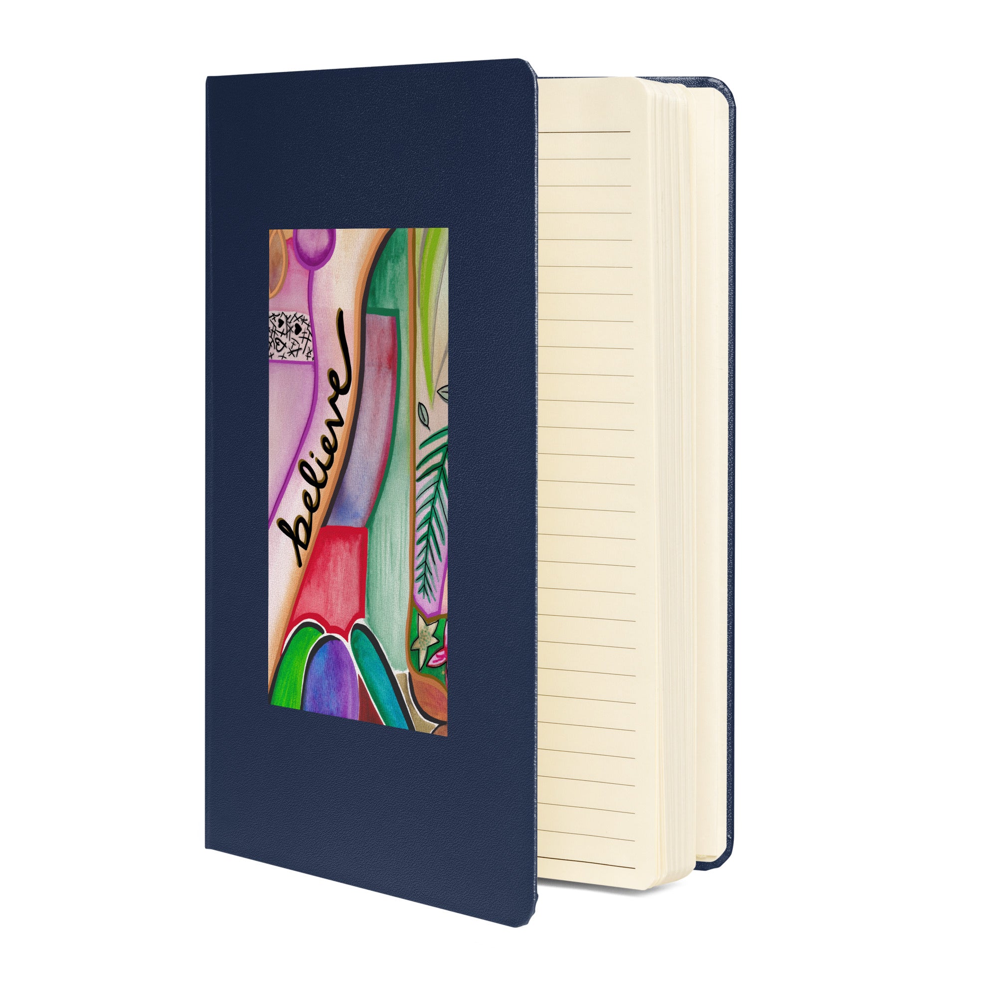 navy blue hardcover notebook with original artwork on front showing lined interior pages