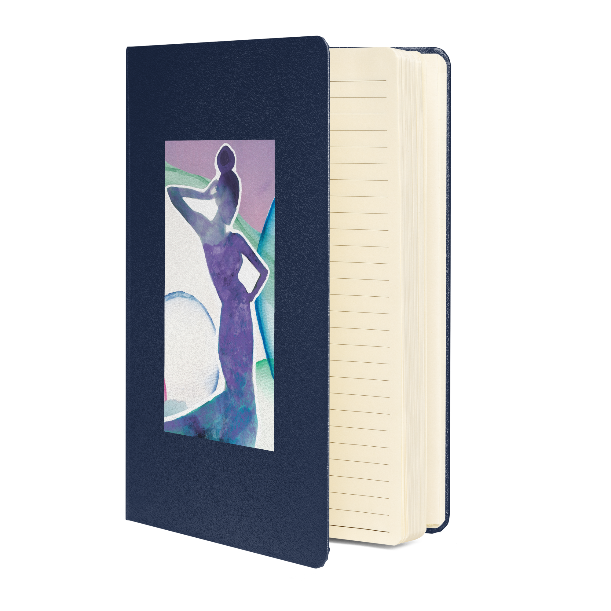 navy blue hardcover notebook with collage artwork on front showing lined interior pages