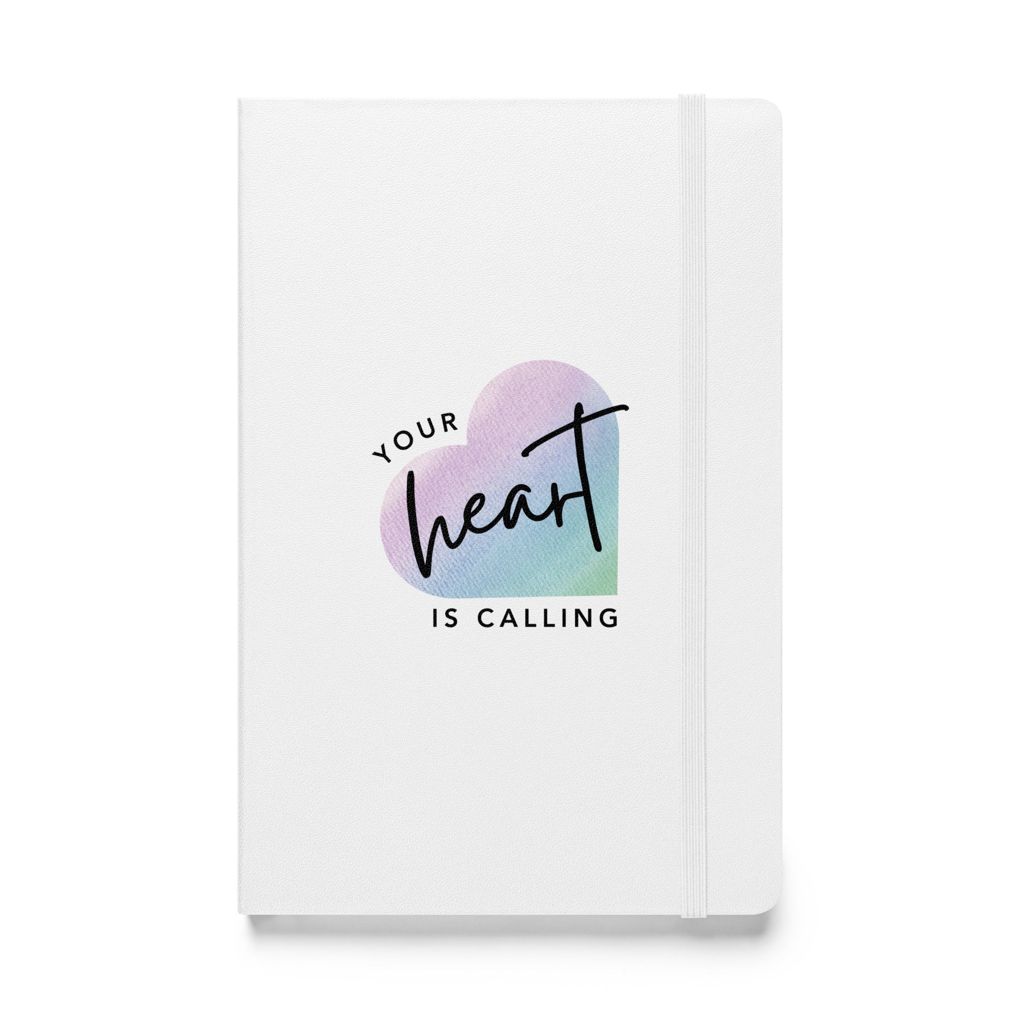 white hardcover notebook with Your Heart Is Calling logo on front